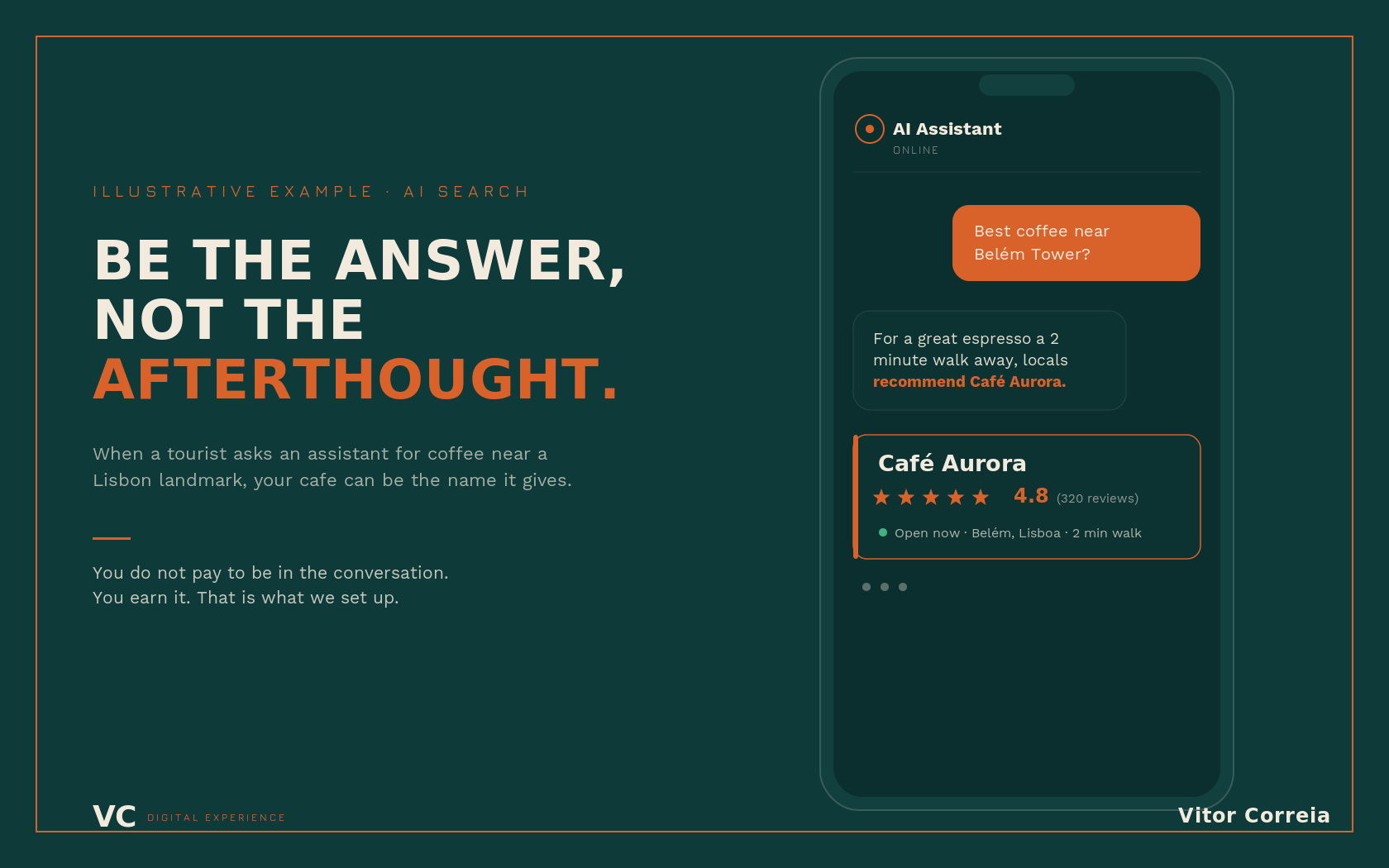 Demonstration: a specialty café appearing in an AI assistant's answer for a tourist asking where to get coffee